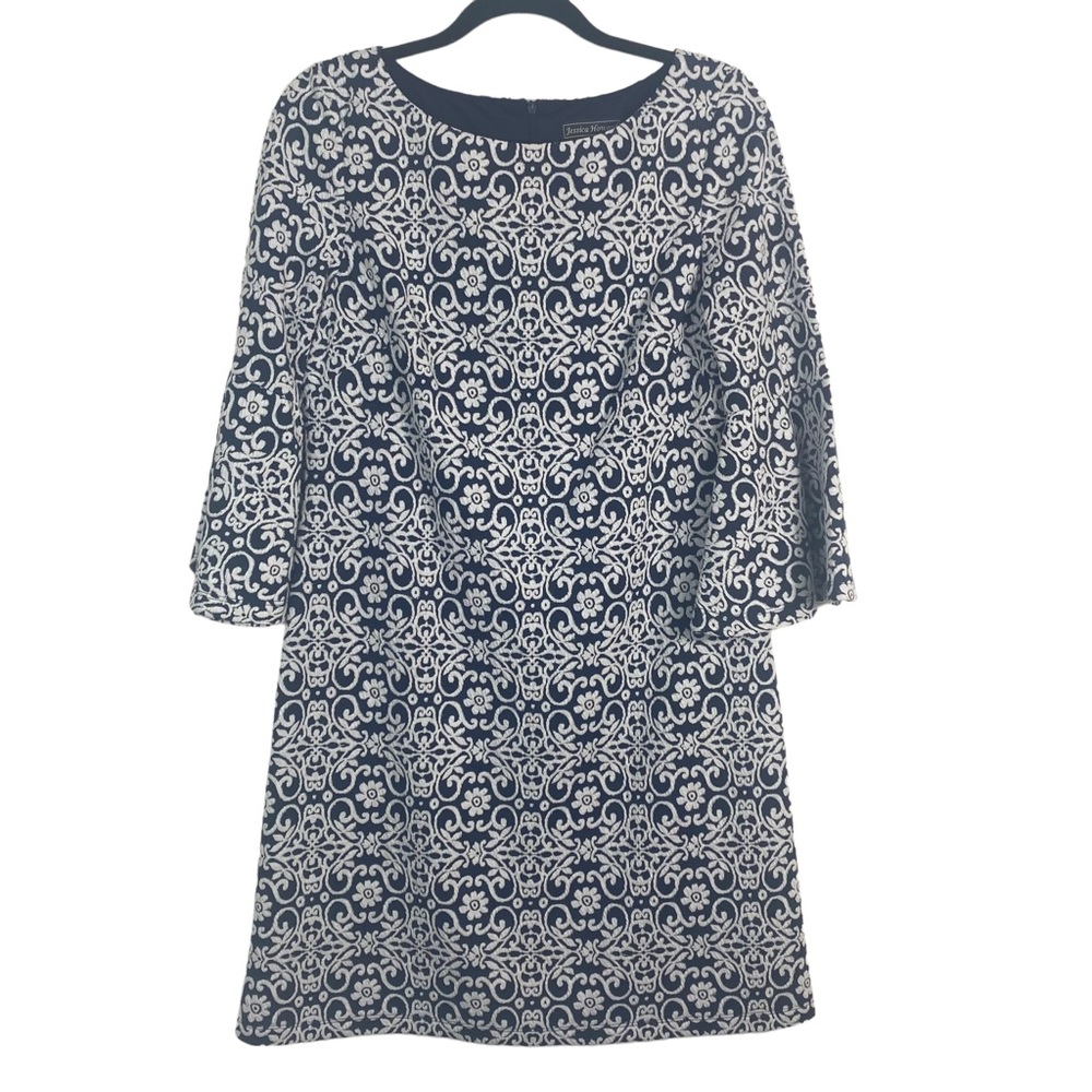 Jessica Howard Women’s Navy White Embroidered Dress 3/4 Bell Sleeves, Size 10 - Picture 3 of 13